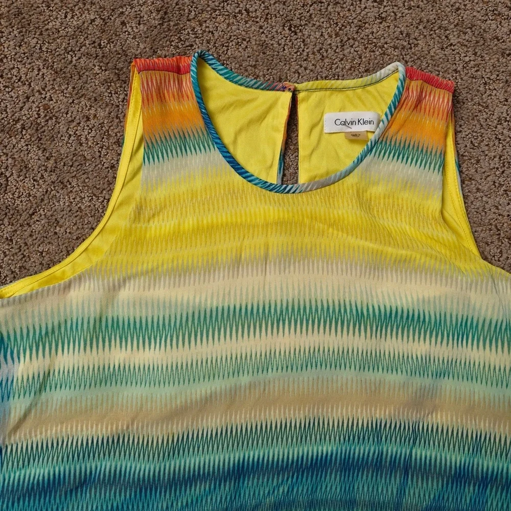 Calvin Klein Dress Womens 10 Yellow Abstract Print‎ Shift Chiffon Sleeveless
